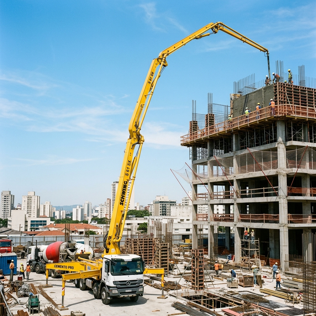 Camión bomba pluma en obra de construcción